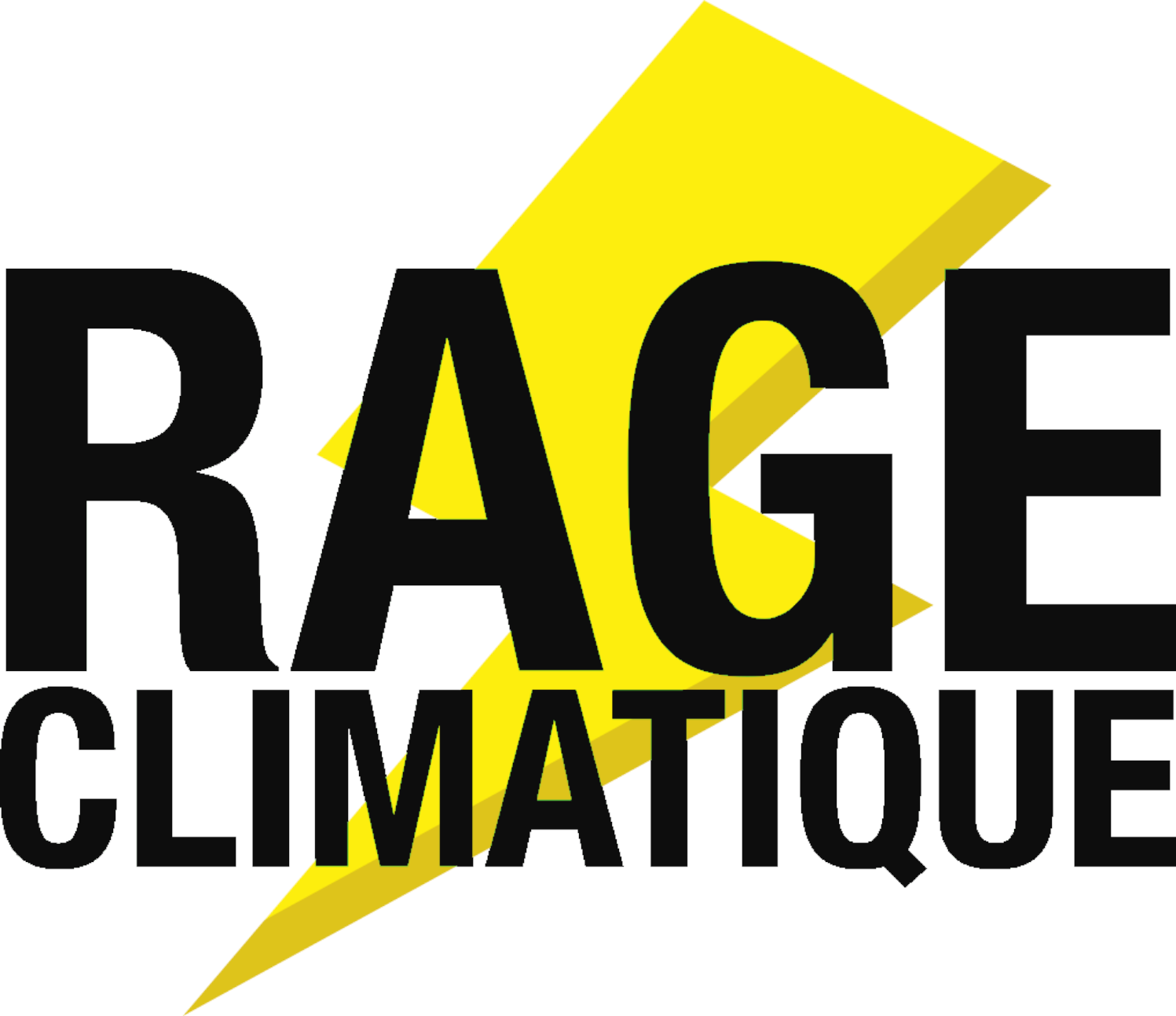 L'image est un logo de design graphique. Le fond est blanc. Au centre, un gros éclair jaune vif domine l'image, incliné du bas à gauche vers le haut à droite. Cet éclair présente des contours nets et géométriques et semble légèrement ombré, d'un jaune plus foncé. Deux lignes de texte, en caractères gras, noirs et sans empattement, se superposent à l'éclair. La première ligne, « RAGE », est positionnée sur la partie la plus large de l'éclair. La deuxième ligne, « CLIMATIQUE », est placée en dessous de « RAGE », l'éclair s'étendant derrière et la traversant partiellement. Les lettres des deux mots sont grandes, nettes et imposantes. La composition générale est simple et percutante, le jaune vif de l'éclair et le noir profond du texte créant un fort contraste. Le design transmet un sentiment d'urgence et de puissance.