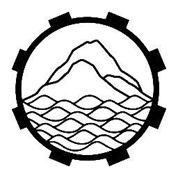 L'image représente un emblème simple, noir et blanc. Au centre, figure une montagne stylisée avec une série de pics. Sous la montagne, des lignes ondulées symbolisent des vagues, représentant l'océan. Autour de cette scène centrale, une bordure circulaire ornée de protubérances en forme d'engrenages confère à l'emblème une allure industrielle ou mécanique. La composition générale est épurée et minimaliste, avec l'utilisation exclusive de lignes noires sur fond blanc. L'emblème évoque vraisemblablement la force et la stabilité associées aux montagnes, ainsi que l'idée de mouvement et de fluidité représentée par les vagues, et peut-être un élément de progrès industriel ou technologique suggéré par la bordure en forme d'engrenage.